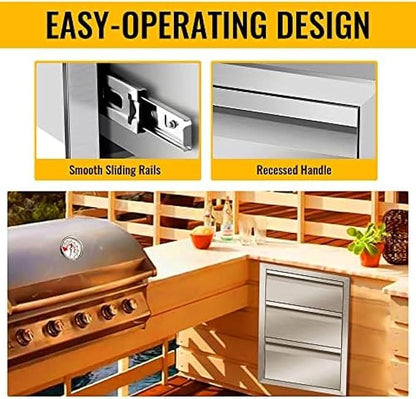 Pull Out Trash Drawer, Lower Sliding Rails Stainless Steel Roll Out Trash Bin Pull Out Tray With Handle For Outdoor Kitchen BBQ Island Grill Station,Three Drawers