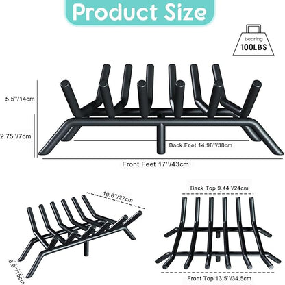 17-Inch Fireplace Grate, Heavy Duty 6-Bar Log Rack Holder Made of Solid Round Steel for Indoor/Outdoor Fire Pits, Wood Stoves & Kindling Tools