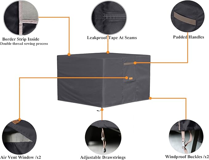 Fire Pit Cover 600D Heavy Duty Waterproof Fabric With PVC Coating Square 44" Wx 44" D x 24" H Dark Grey Fits for 41-44 Inch Fire Pit Table Fade Resistant Outdoor Firepit Cover