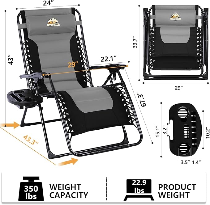 Colegence Oversized Padded Zero Gravity Chairs, 0-170° lock, removable side - Image 3