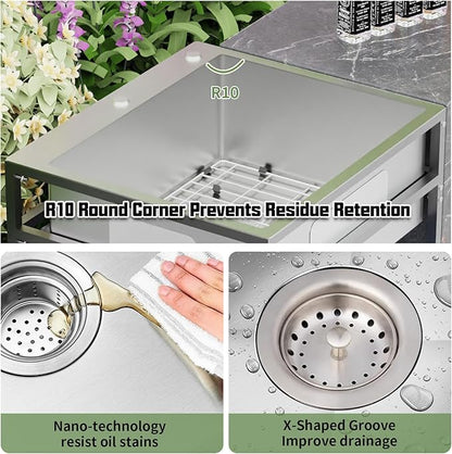 25x22 Inch Stainless Steel Utility Sink-Freestanding Laundry Sink Practicality With Accessories Stainless Functional Faucet,Soap Dispenser, SS Sink Grid For Laundry,Garage,Outdoor Kitchen,Garden...