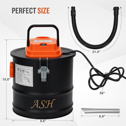 Ash Vacuum Cleaner -2.6 Gallon Fireplace Ash Vac with 800w Powerful Hose Non-Woven Dust Separator | Dry Stove Vacuum for Fireplaces Pellet Grill Wood Stove Fire Pits Orange