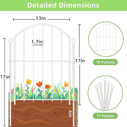 Decorative Garden Fence 17in x10ft, 10 Pack Rustproof Metal No Dig Fence Animal Barrier for Dog, Arched Flower Bed Edging Ornamental Wire Border Panel Fencing for Yard Patio Outdoor Decor White