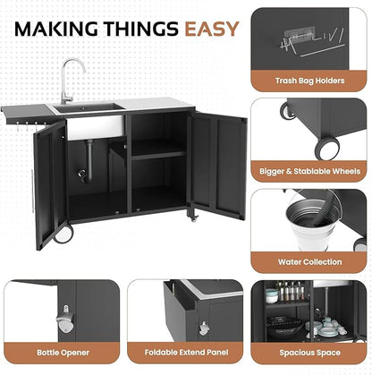 Grill Table with Sink, Outdoor Stainless Steel Kitchen Island Cabinets Sink Station with Hose Hook up & Lockable Casters, Rolling BBQ Table for Backyard