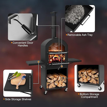 Giantex Pizza Oven Outdoor - Wood Fired Pizza Oven with 2 Side Tables, Pizza Stone, Pizza Peel, Cover, Cooking Grids, Pizza Maker on Wheels for Outside Charcoal Grill Backyard Party Camping