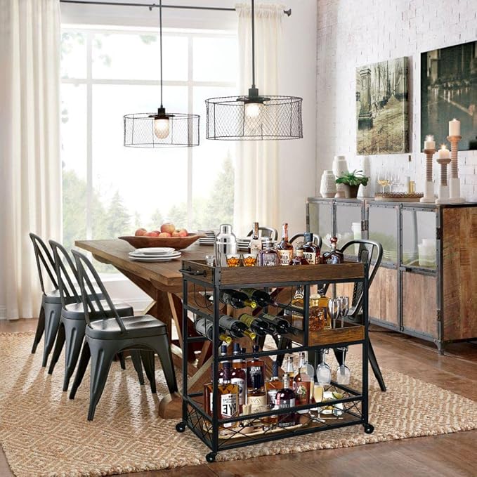 Bar Cart Industrial Mobile Kitchen Serving Carts for Home 3 Tier Storage Trolley with Wine Rack Glasses Holder Two Portable Trays Universal Casters with Brakes Rustic Rolling Cart for Indoor Outdoor