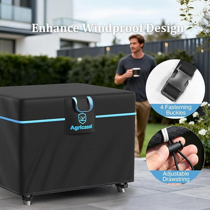 Square Fire Pit Cover for 33-36 Inch Fire Pit, 600D Heavy Duty Fire Table Cover Waterproof Patio Firepit Cover with Air Vent, Handle, 4 Windproof Buckles, Drawstring - 36''L x 36''W x 25''H