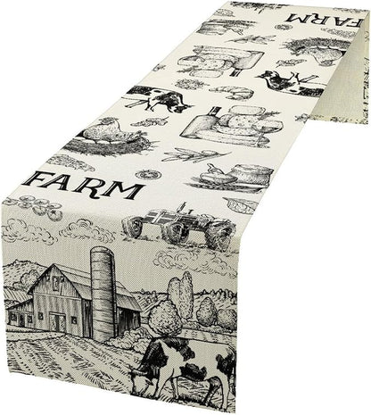 Milk Farm Table Runner, Rustic Farmhouse Animals Fresh Eggs Bread Vegetables Print Table Runner for Farmhouse Kitchen Decor Party Picnic Holiday Dinner, 13x120inch
