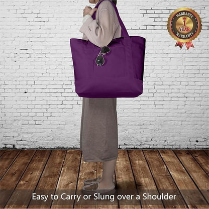 TOPDesign 3-Pack Canvas Tote Bags with an External Pocket, Reusable Grocery Shopping Bags, Top Zipper Closure, Daily Essentials (Purple)