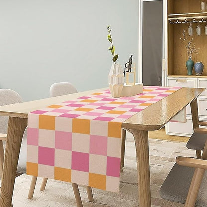Pink Checkered Table Runner, Vintage 70s Abstract Cute Modern Hippie Table Runner for Party Kitchen Dining Home Outdoor 13x120in