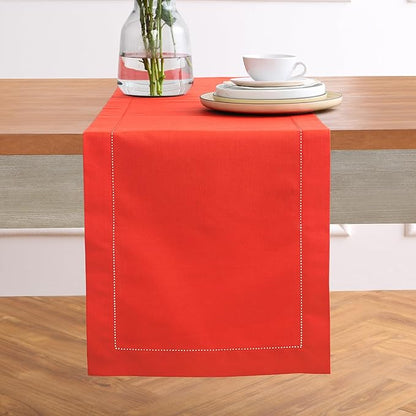 Solino Home Cotton Linen Table Runner 48 Inches - Poppy Red Hemstitch Table Runner 14 x 48 Inch Ideal for Dresser and Coffee Tables, Valentines