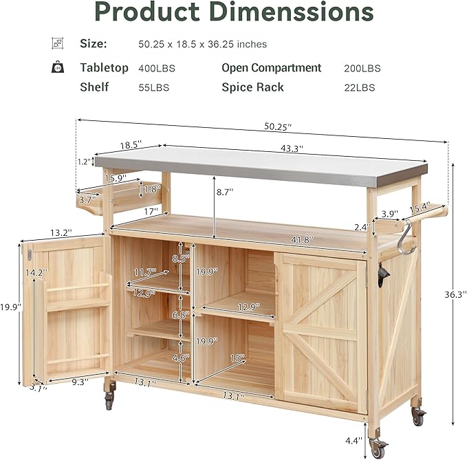 50.25" W Grill Cart with Stainless Steel Tabletop - Outdoor Storage Cabinet for BBQ, Bar Patio Kitchen Island with Ample Storage and Lockable Wheels