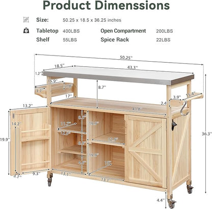 50.25" W Grill Cart with Stainless Steel Tabletop - Outdoor Storage Cabinet for BBQ, Bar Patio Kitchen Island with Ample Storage and Lockable Wheels