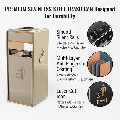 Stainless Steel Gold Commercial Trash Can, Heavy Duty Brushed Finish Garbage Bin, Fingerprint-Resistant Large Indoor Outdoor Trash Can for Office, Hotel Lobby, Conference Hall, 13"x13"x30"