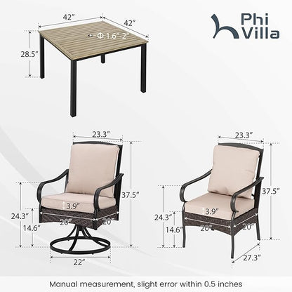 PHI VILLA 7-Piece Outdoor Dining Set, Heavy Duty Patio Table and Chairs Set with Umbrella Hole for 6, 64" Rectangular Patio Woodgrain Metal Table & Wicker Metal Chairs with Cushions, 2 Swivel