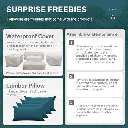 Patio Furniture Set 7 PCS Outdoor Patio Furniture with Propane Fire Pit Table Outdoor Couch Patio Chairs Outdoor Conversation Set with Peacock Blue Non-slip Cushions and Waterproof Covers