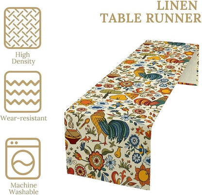 Farm Animal Table Runner, Boho Folk Style Country Rustic Farmhouse Rooster Flower Print Table Runner for Home Kitchen Dining Holiday Decor, 13x90inch
