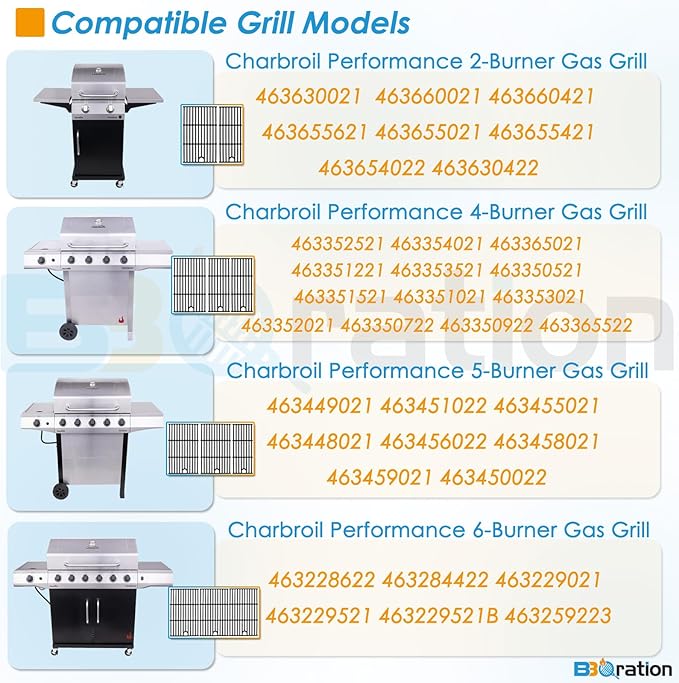 Grill Parts for Charbroil Performance 5 Burner 463448021 463449021 463450022 463451022 463455021, 17 inch Cooking Grate, Burner and Heat Plate for Charbroil Grill Replacement Parts