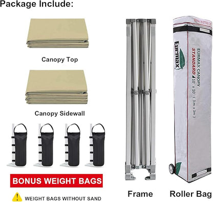 Eurmax USA 10'x10' Pop-up Canopy Tent Commercial Instant Canopies with 4 Removable Zipper End Side Walls and Roller Bag, Bonus 4 SandBags(Beige)