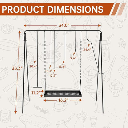 Campfire Swing Grill with Adjustable Grill Cooking Rack,Camp Fire Cooking Equipment Comes With 8 Hooks, Accessories and handbag,Portable Dutch Oven Hanger for Camping, Hiking, Cookware, Bonfire