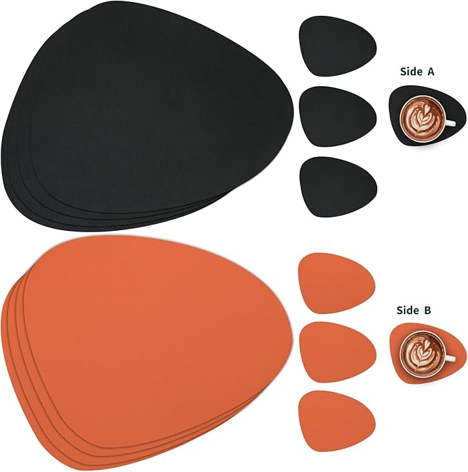 Myir JUN Placemats, Dual-Sided Placemats Waterproof Faux Leather Placemats Set of 6 Place Mats and Coasters Non-Slip Washable Table Mats for Dining Table (Black Orange, Set of 4)