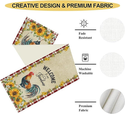 Rooster Table Runner, Farmhouse Red Plaid Sunflower Floral Chicken Farm Cow Pig Rustic Coffee Table Center Decor for Family Kitchen and Dining Room Outdoor Country Party Table Decorations, 13"x108"