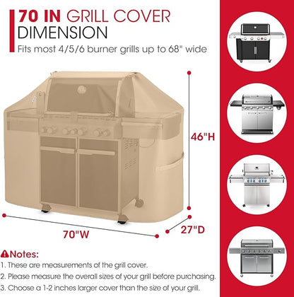 Unicook 70 Inch Grill Cover for Outdoor Grill, Heavy Duty Large BBQ Cover with Handles and Straps, Compatible with Weber Charbroil Nexgrill Kenmore Grills etc, All Weather Protection, Light Brown