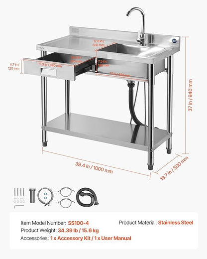 VEVOR Stainless Steel Utility Sink, Free Standing Single Bowl Commercial Kitchen Sink with Drawer, Faucet and Hot & Cold Water Pipe, Utility Basin for Garage Restaurant Laundry, 39.4 x 19.7 x 37 in
