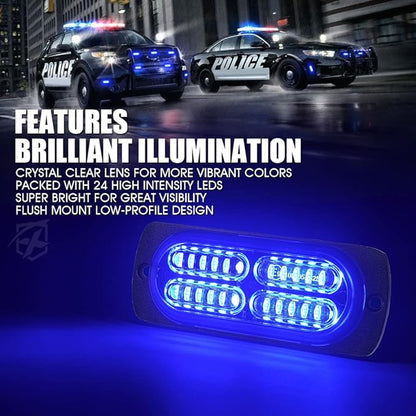 Xprite 24 LED Blue Surface Mount Strobe Police Lights Kit, Emergency Safety Warning Flashing Grille Safety Cop Marker Light Assembly for Volunteer Vehicles Trucks ATV UTV Motorcycle 8PCS