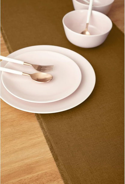Solino Home Fringe Linen Table Runner 72 Inches Long - 100% Pure Linen Toffee Brown Dining Table Runner 14 x 72 Inch - Handcrafted and Machine Washable