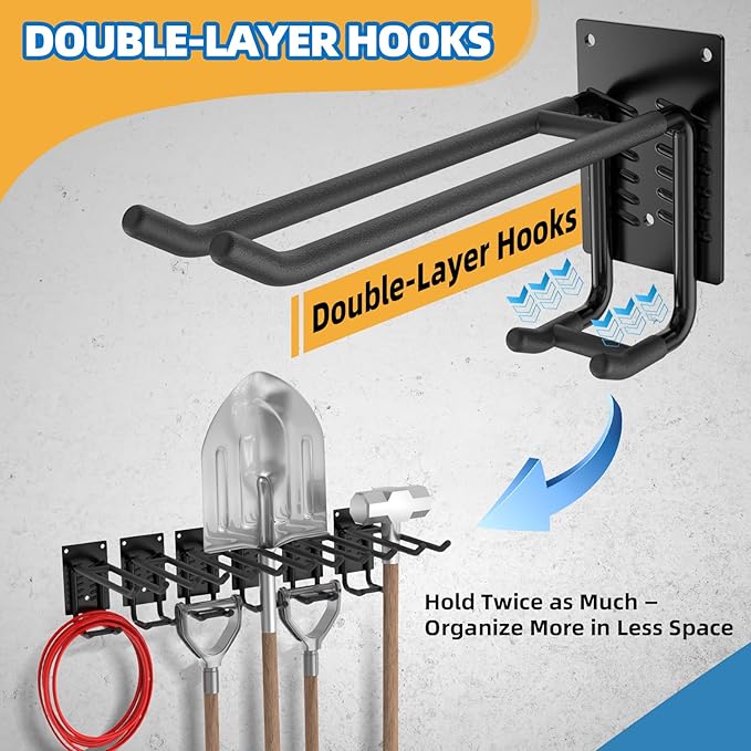 8 Pack Garage Hooks Heavy Duty 10 INCH Double-Layer Steel Shed Wall Mount Workshop Garage Storage Organizer Hooks for Hanging Garden Tool, Hose, Ladder, Chairs, Bikes with Anti-Slip Coating