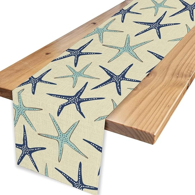 Blue Starfish Table Runner,Nautical Beach Ocean Table Runner Seasonal Holiday Home Kitchen Dining Table for Home Party Decor 13"x108"