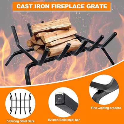 Fireplace Grate,Fireplace Log Holder,18 inch Heavy Duty Solid Cast Iron FIrewood Log Burning Rack for Inside The Fireplace Accessories Outood Fire Pit Kindling Fireplace Tools