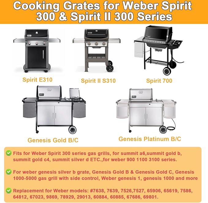 Spirit 300 Grill Grates for Weber Spirit 300 SER E310 E/S 320 S310, E/S 330 II E/S 310 Grill Parts, for Weber 7638 7525 7526 Parts Genesis Silver/Gold/Platinum B/C, Genesis 1000-3500 Cast Iron Grates