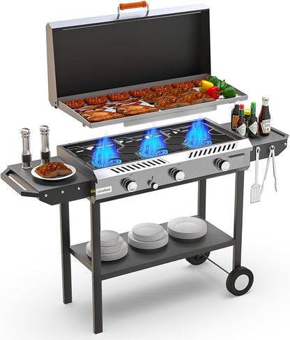 Veralune 3 Burner Propane Stove with Griddle, 225,000 BTU High Pressure Propane Stove with Auto Ignition Button, Outdoor Cooking Stove for Camping, Backyard, Patio, Cooking, BBQ