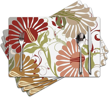 Flower Placemats Set of 4 - Spring Floral Faux Leather Heat Resistant Placemats for Dinner Table, Non-Slip Waterproof Oil-Proof Washable Reusable Placemat for Indoor Outdoor Kitchen, 15.75In*11.81In