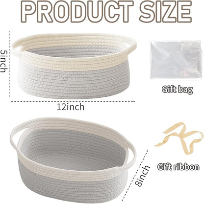 Woven Basket,Small Rope Storage Bin with Handles & Ribbon Bag, Organizer for Shelves Closets,Gift Basket Empty for Birthday,Books,Dog Toys, White&Grey/3 Pack
