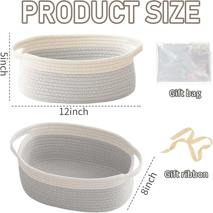 Woven Basket,Small Rope Storage Bin with Handles & Ribbon Bag, Organizer for Shelves Closets,Gift Basket Empty for Birthday,Books,Dog Toys, White&Grey/2 Pack