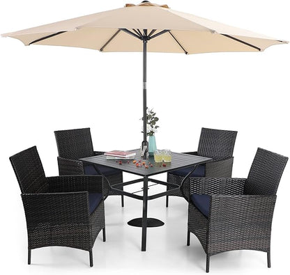 Sophia & William 5 Pieces Patio Dining Set with 9 ft Beige Patio Umbrella, Outdoor PE Rattan Chairs and Square Metal Table Set with Cushions and 1.57" Umbrella Hole for Backyard Porch Poolside