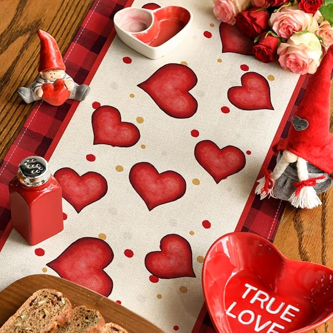 Artoid Mode Red Watercolor Hearts Gnomes Love Valentine's Table Runner, Seasonal Anniversary Wedding HoliKitchen Dining Table Decoration for Indoor Outdoor Home Decor 13x48 Inch