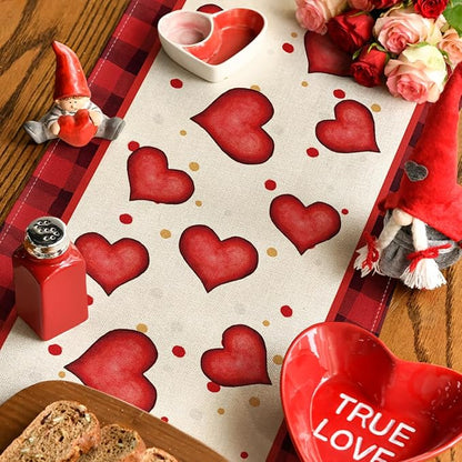 Artoid Mode Red Watercolor Hearts Gnomes Love Valentine's Table Runner, Seasonal Anniversary Wedding HoliKitchen Dining Table Decoration for Indoor Outdoor Home Decor 13 x 36 Inch