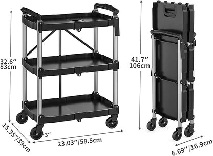 YITAHOME 240LBS Folding Utility Cart with Wheels, Foldable Utility Service Cart 3 Tier Collapsible Rolling Cart with 360°Swivel Wheels (2 with Brakes), Portable Cart for Home Garage Restaurant Office