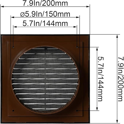 Black 6" Inch Ventilation Grille - Inside/Outside use - (Flange 5.9"Ø/Cover 8"x8") - Air Vent Louver - Exhaust Hood - Available 3 Sizes / 4 Colors.