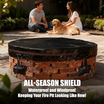 Outdoor Round Fire Pit Cover 57x9.5" Waterproof Tear-Resistant 600D Oxford PU Coated for 52–56" Built-In or In-Ground Stone Fire Pits, Heavy Duty All-Season Protection for Outdoor Fireplaces