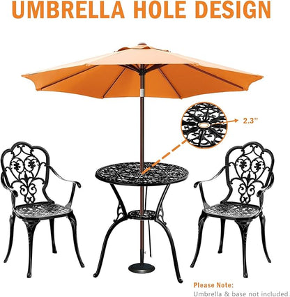 Patio Bistro Set of 2, Cast Aluminum, Outdoor Set w/Umbrella Hole, 3 Piece Table and Chairs Set, Bistro Set for Backyard/Garden/Lawn, Black