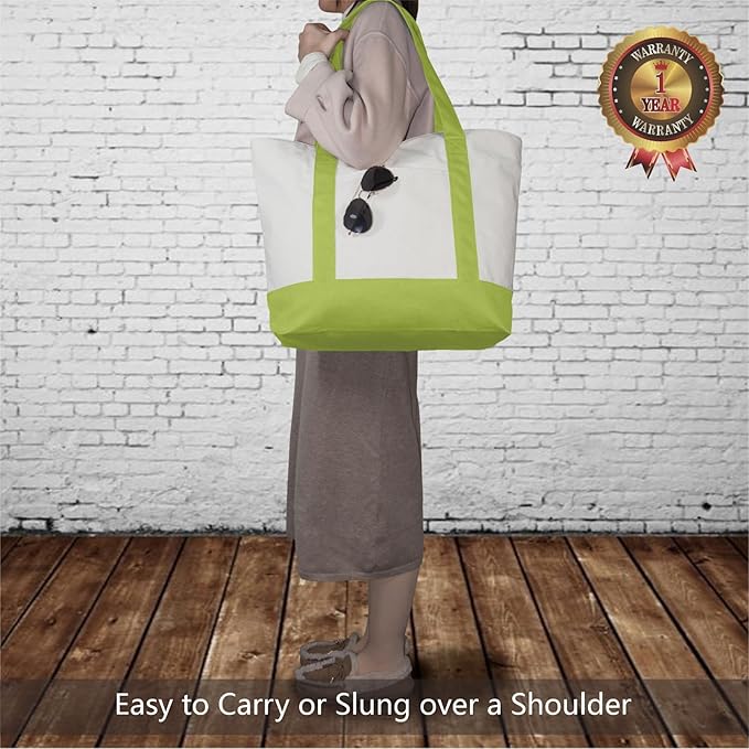 TOPDesign 1-Pack Canvas Tote Bag with an External Pocket, Reusable Grocery Shopping Bag, Top Zipper Closure, Daily Essentials (Light Green/Natural)