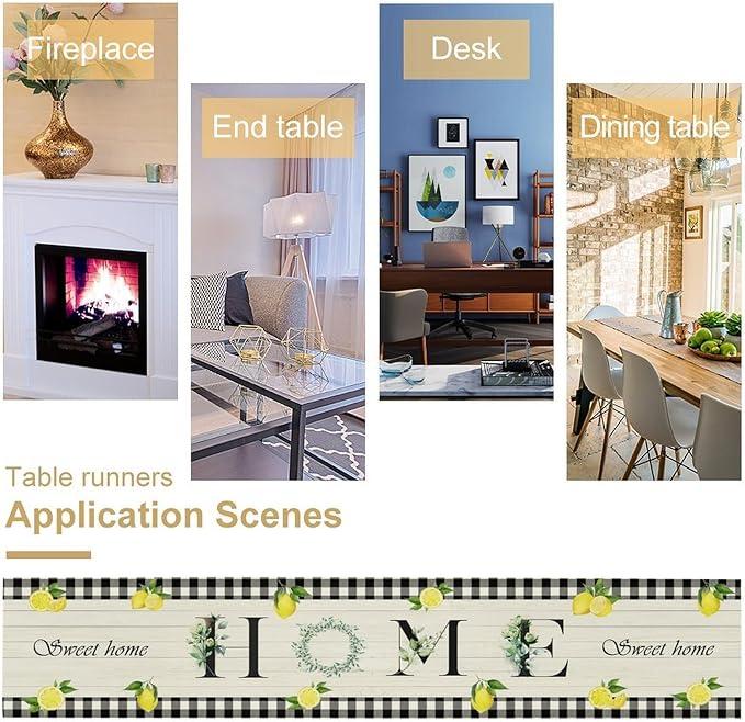 Lemon Fruit Home Table Runner,Vintage Farmhouse Rustic Black White Buffalo Plaid Dining Table Decoration for Home Holiday Party Dresser Kitchen Cabin Restaurant Wedding Decor 13×90in