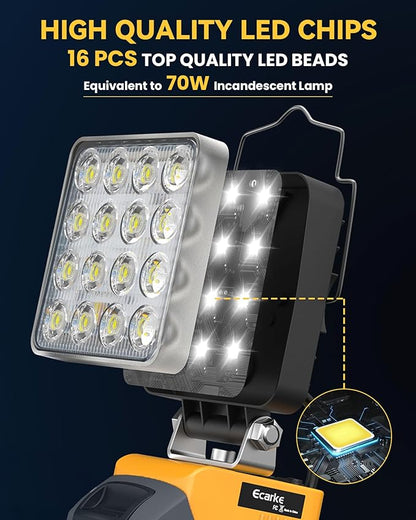 Ecarke 20V Cordless LED Work Light Compatible with DeWALT Batteries: 70W 7000LM Flashlight with Low Voltage Protection, 20V Tools Flood Light for Job Site, Construction & Camping, Battery Not Included