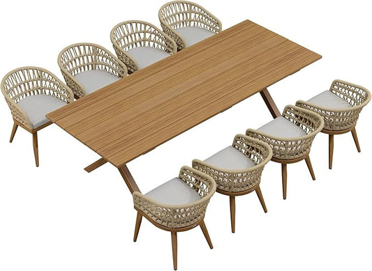 PURPLE LEAF Outdoor Dining Set All-Weather PE Rattan Outdoor Patio Furniture Set with All Aluminum Frame Rectangular Table and Chairs 9 Pieces Set for Lawn Garden Backyard Deck, Teak