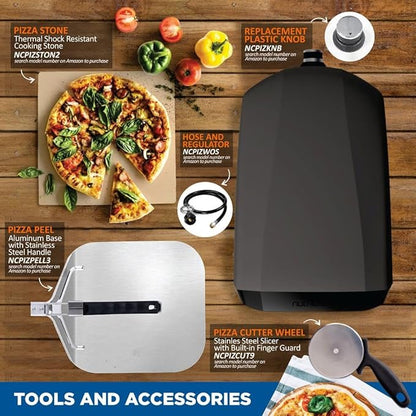 NutriChef Portable Outdoor Gas Pizza Oven - Includes Foldable Feet, Adjustable Heat Control Dial, Burner, Stone & Regulator Hose - Cooks 12" Pizza in 60 Seconds - 25.24'' x 16.14'' x 12.40'' IN
